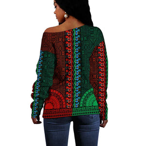 Green-red Dashiki and Tapa Pattern Off Shoulder Sweater Africa-Polynesia Together Culture