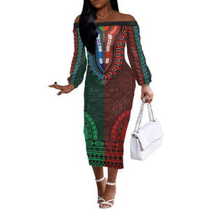 Green-red Dashiki and Tapa Pattern Off The Shoulder Long Sleeve Dress Africa-Polynesia Together Culture