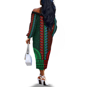 Green-red Dashiki and Tapa Pattern Off The Shoulder Long Sleeve Dress Africa-Polynesia Together Culture