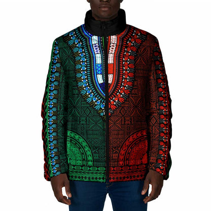 Green-red Dashiki and Tapa Pattern Padded Jacket Africa-Polynesia Together Culture