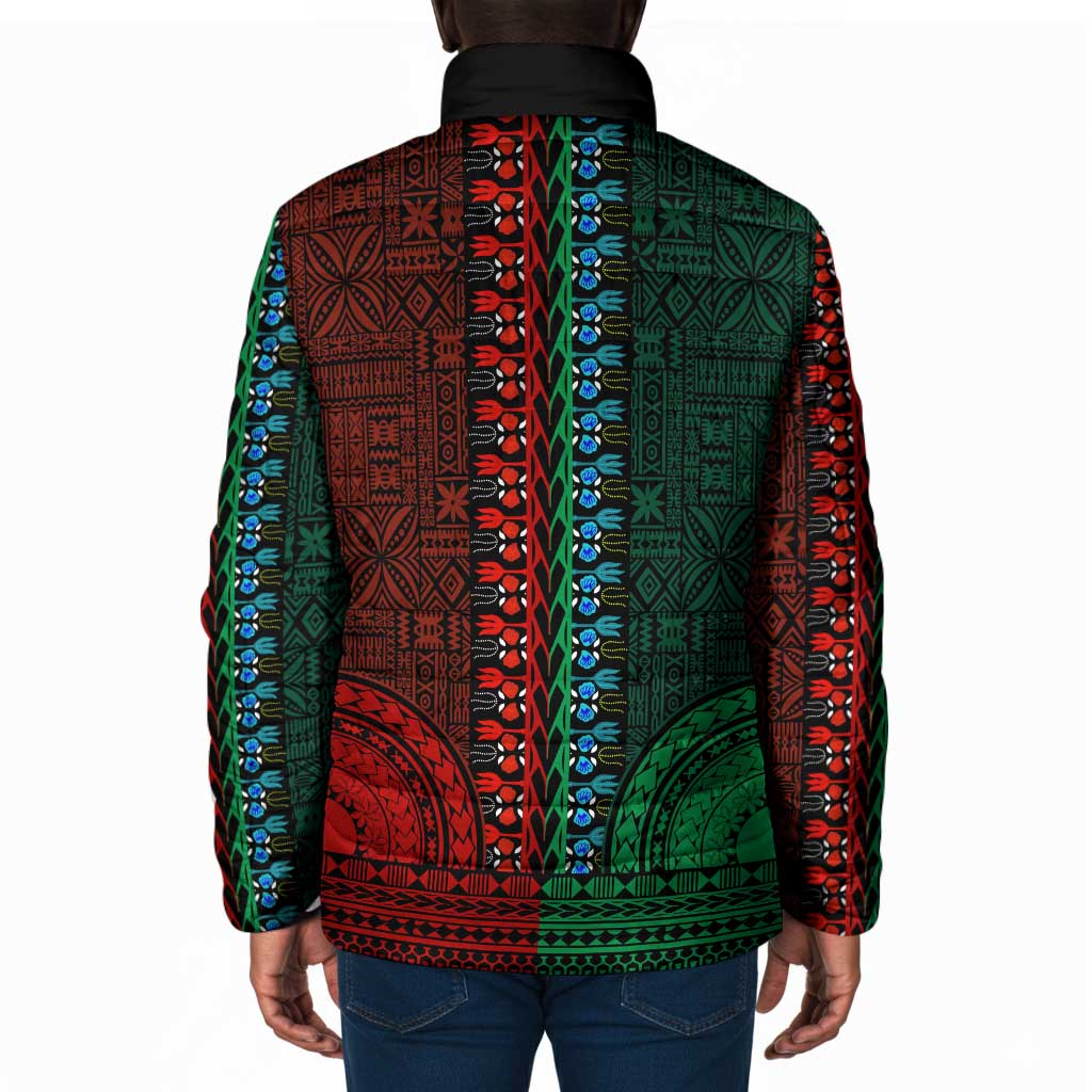 Green-red Dashiki and Tapa Pattern Padded Jacket Africa-Polynesia Together Culture