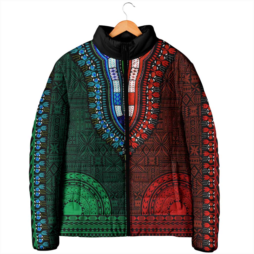Green-red Dashiki and Tapa Pattern Padded Jacket Africa-Polynesia Together Culture