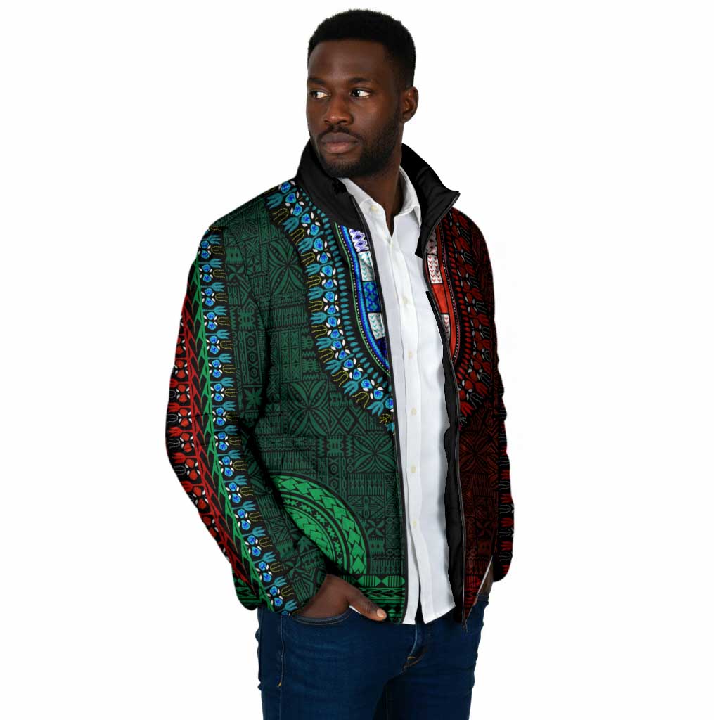 Green-red Dashiki and Tapa Pattern Padded Jacket Africa-Polynesia Together Culture
