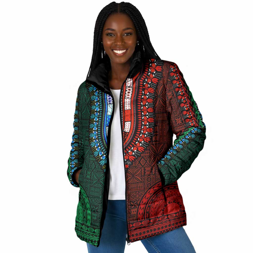 Green-red Dashiki and Tapa Pattern Padded Jacket Africa-Polynesia Together Culture