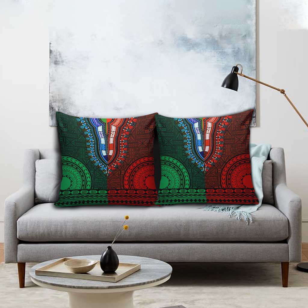 Green-red Dashiki and Tapa Pattern Pillow Cover Africa-Polynesia Together Culture