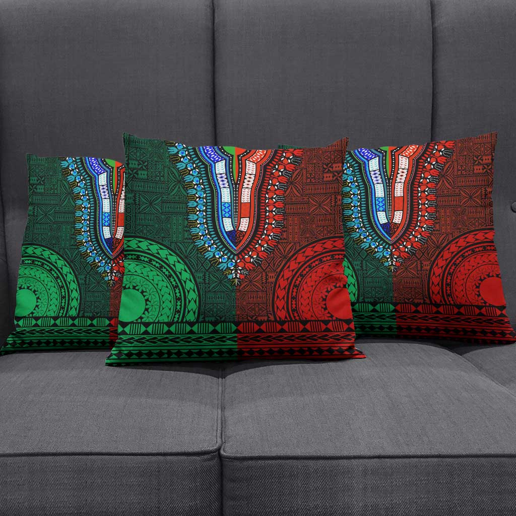 Green-red Dashiki and Tapa Pattern Pillow Cover Africa-Polynesia Together Culture