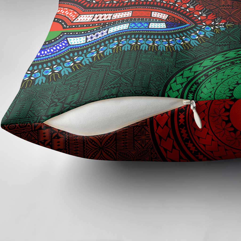 Green-red Dashiki and Tapa Pattern Pillow Cover Africa-Polynesia Together Culture