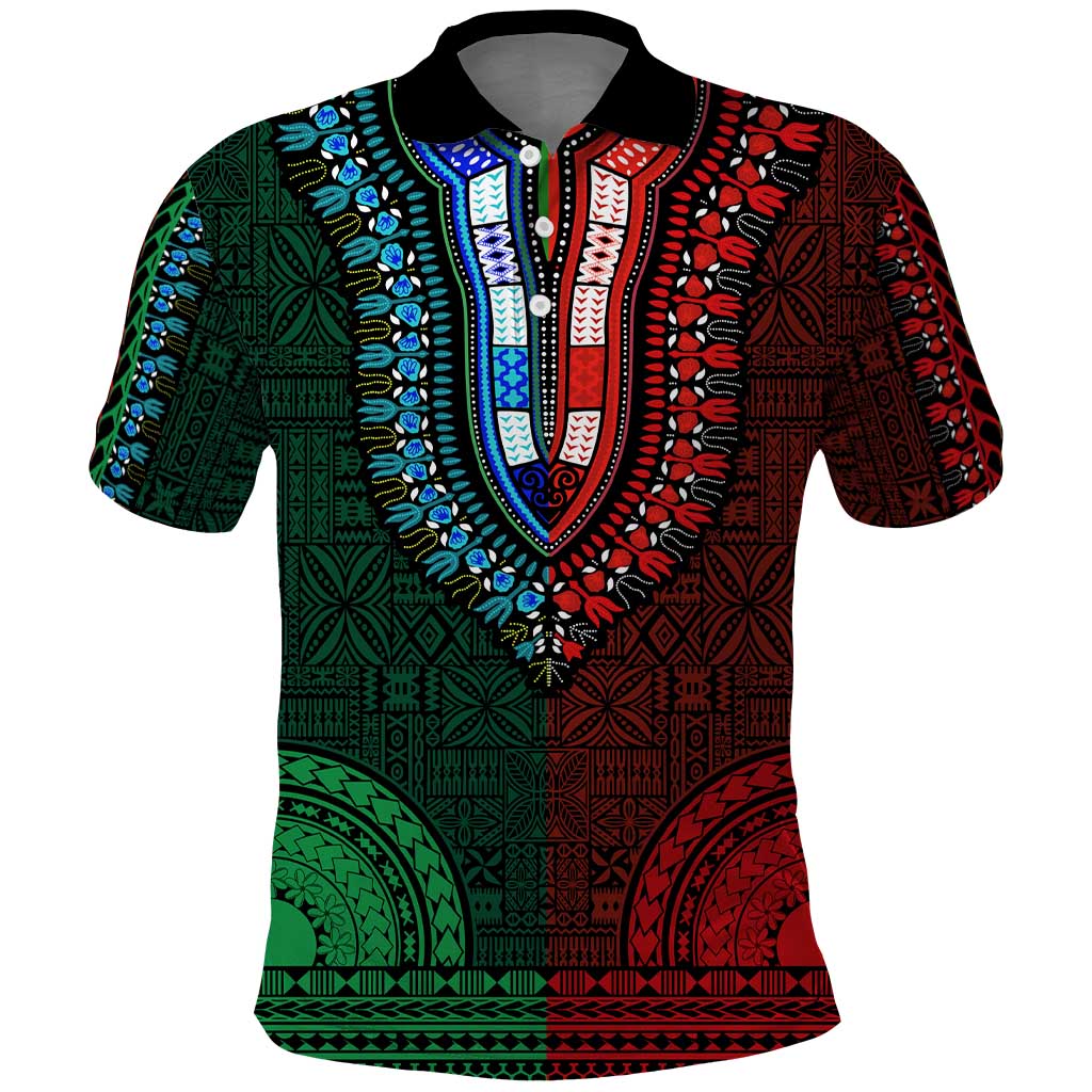 Green-red Dashiki and Tapa Pattern Polo Shirt Africa-Polynesia Together Culture