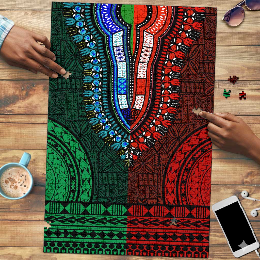Green-red Dashiki and Tapa Pattern Puzzle Africa-Polynesia Together Culture