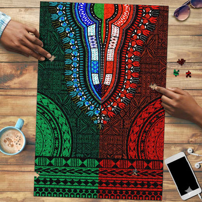 Green-red Dashiki and Tapa Pattern Puzzle Africa-Polynesia Together Culture