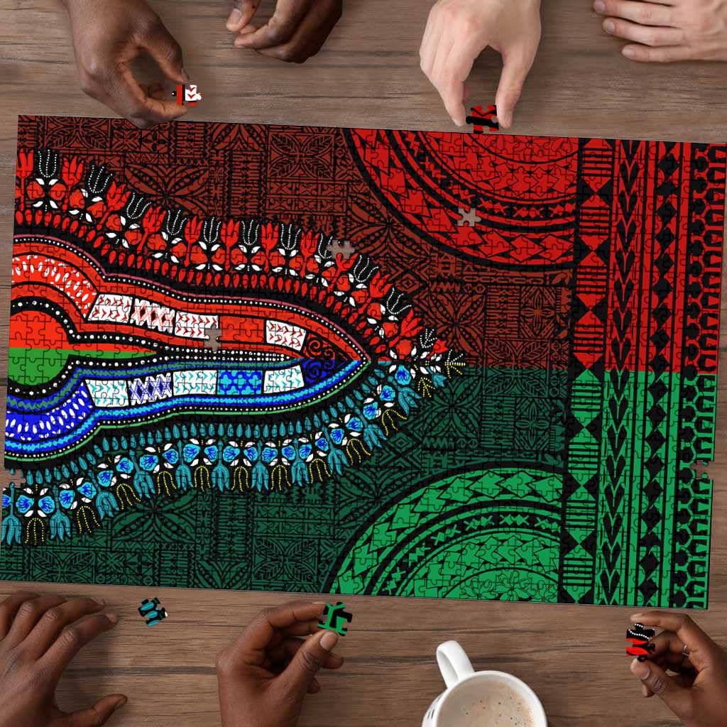 Green-red Dashiki and Tapa Pattern Puzzle Africa-Polynesia Together Culture