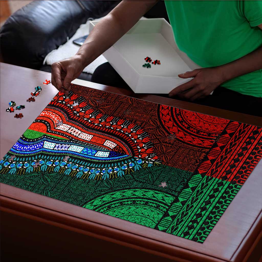 Green-red Dashiki and Tapa Pattern Puzzle Africa-Polynesia Together Culture