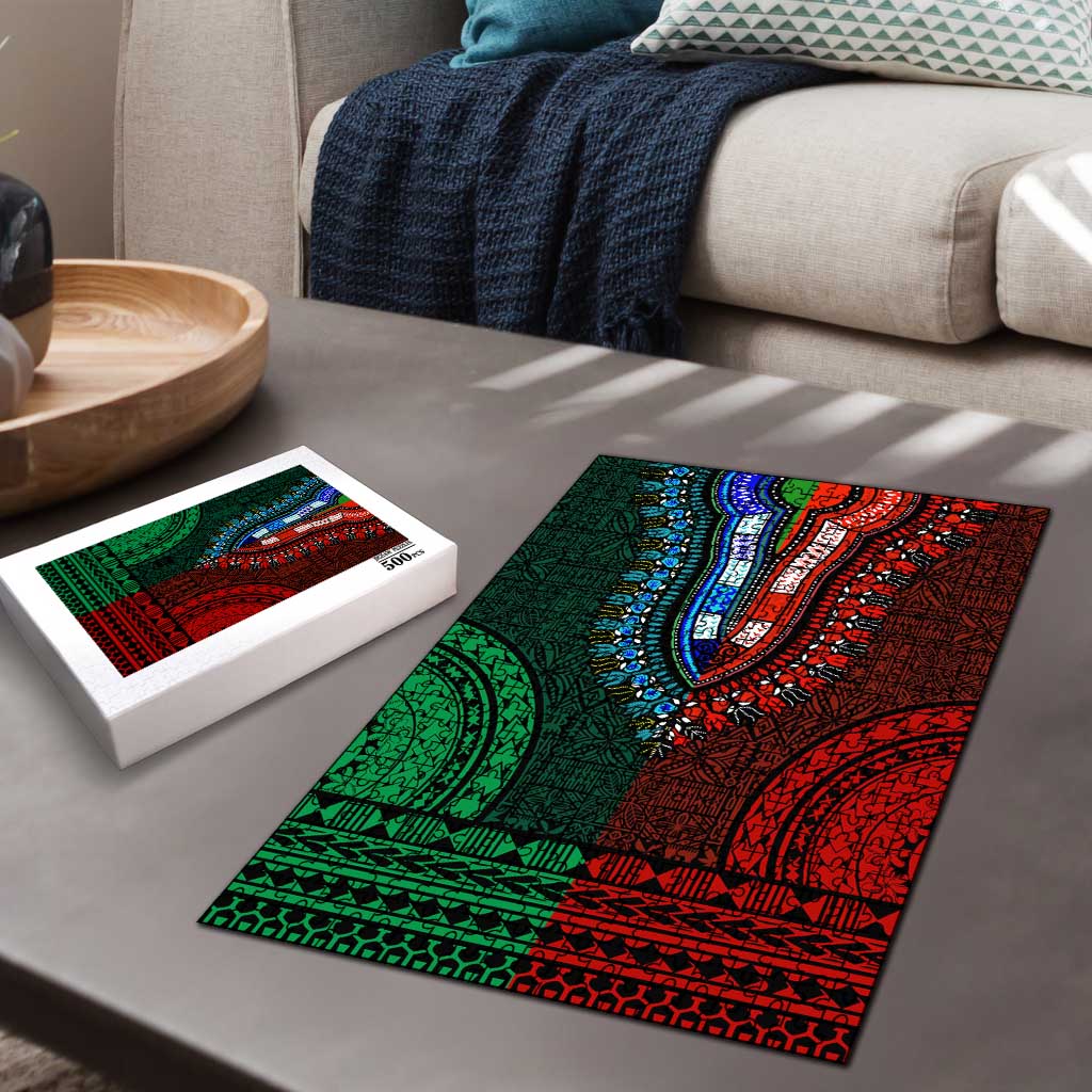 Green-red Dashiki and Tapa Pattern Puzzle Africa-Polynesia Together Culture