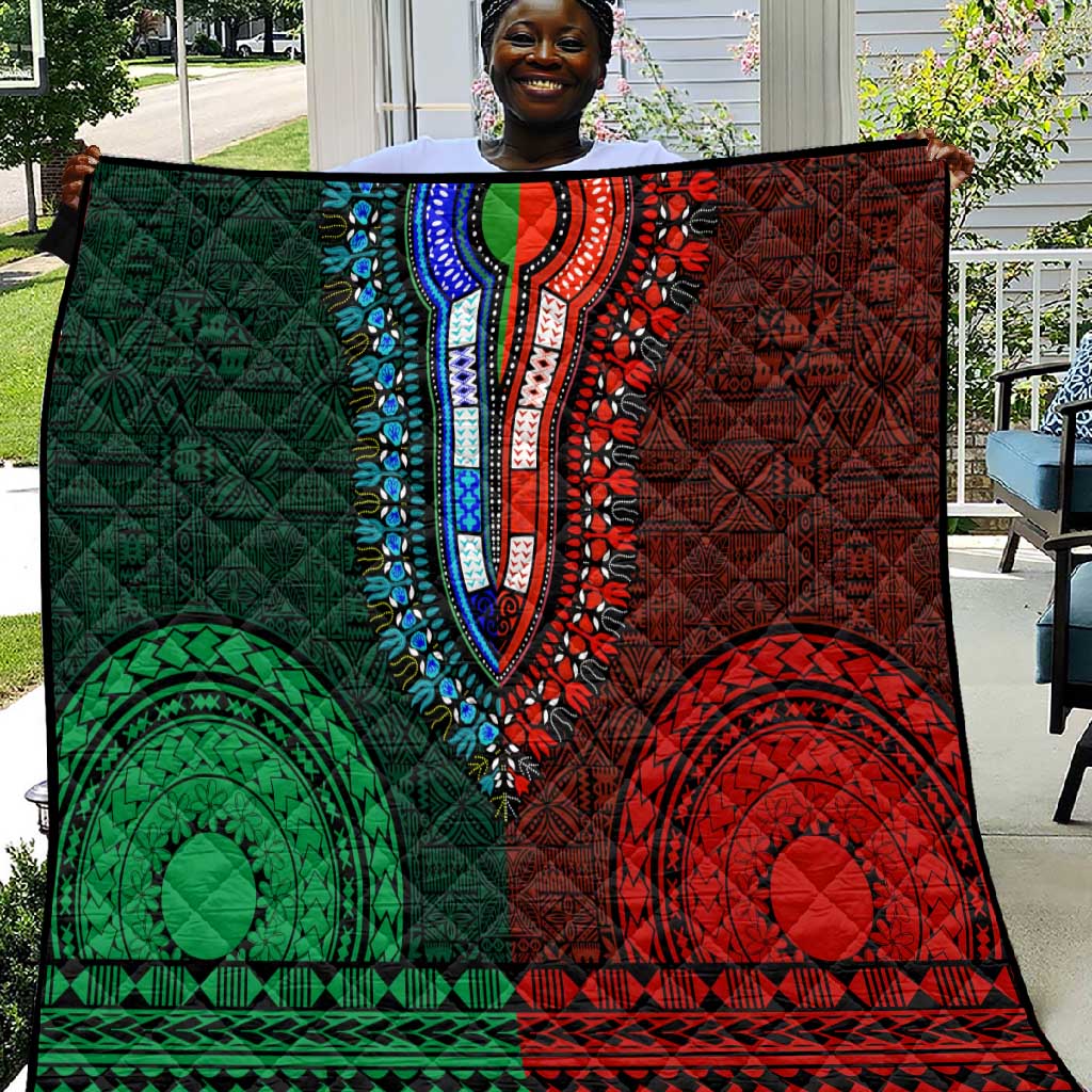 Green-red Dashiki and Tapa Pattern Quilt Africa-Polynesia Together Culture