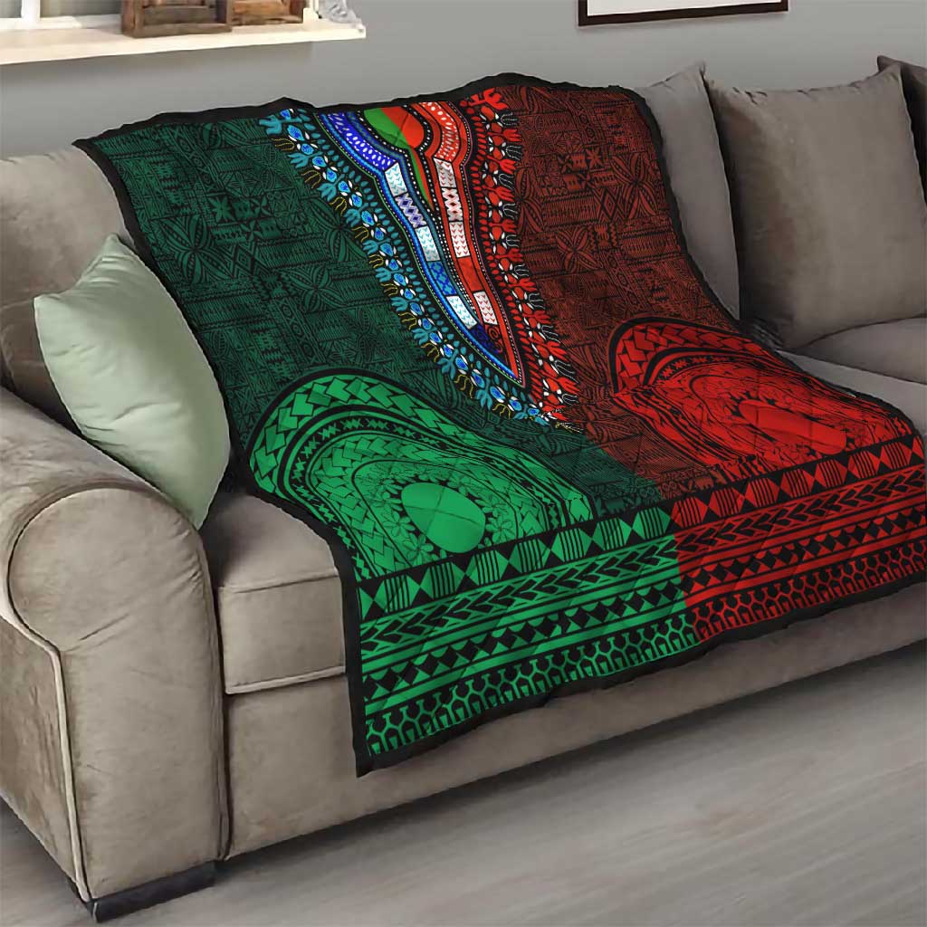 Green-red Dashiki and Tapa Pattern Quilt Africa-Polynesia Together Culture