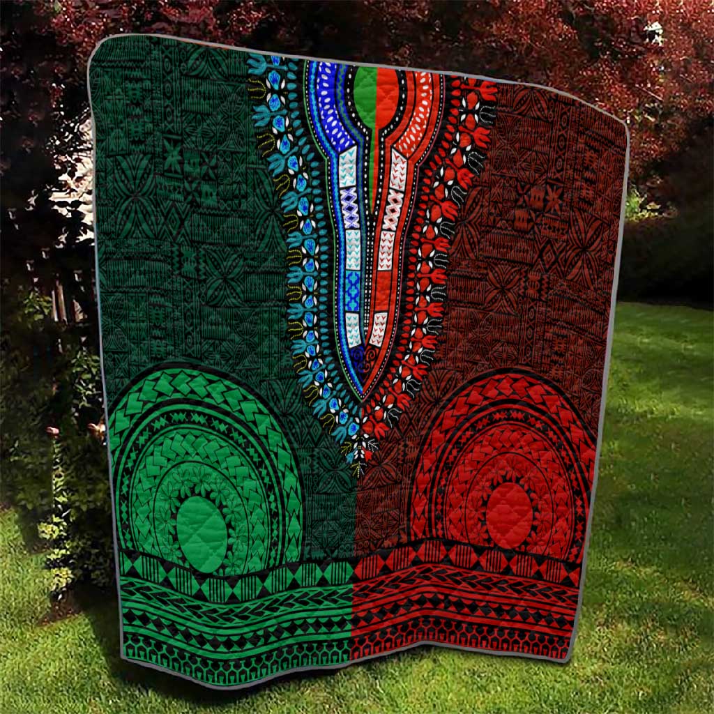 Green-red Dashiki and Tapa Pattern Quilt Africa-Polynesia Together Culture