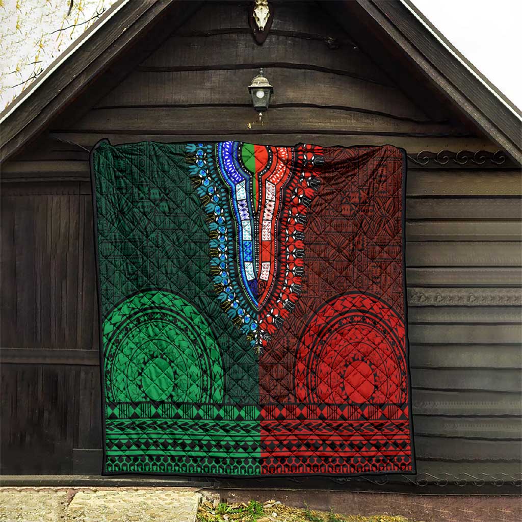 Green-red Dashiki and Tapa Pattern Quilt Africa-Polynesia Together Culture