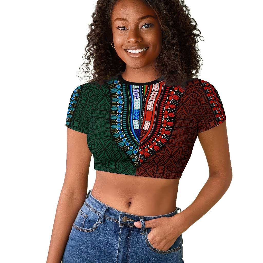 Green-red Dashiki and Tapa Pattern Raglan Cropped T shirt Africa-Polynesia Together Culture