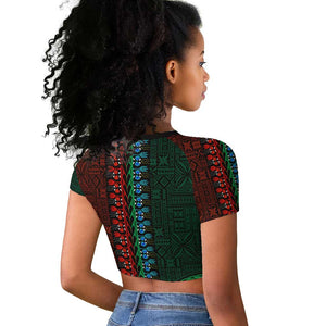 Green-red Dashiki and Tapa Pattern Raglan Cropped T shirt Africa-Polynesia Together Culture