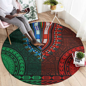 Green-red Dashiki and Tapa Pattern Round Carpet Africa-Polynesia Together Culture