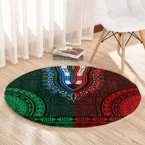 Green-red Dashiki and Tapa Pattern Round Carpet Africa-Polynesia Together Culture