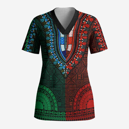 Green-red Dashiki and Tapa Pattern Scrub Top Africa-Polynesia Together Culture