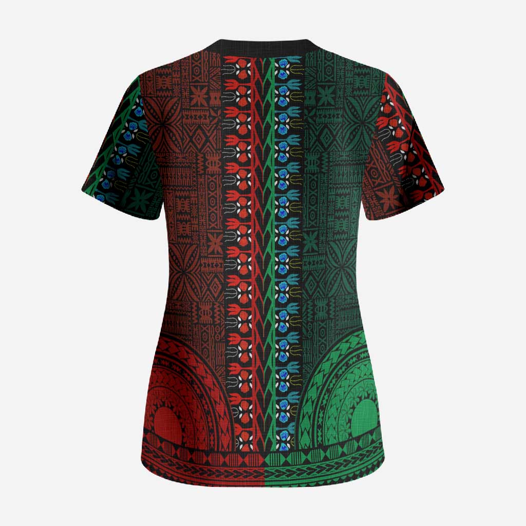 Green-red Dashiki and Tapa Pattern Scrub Top Africa-Polynesia Together Culture
