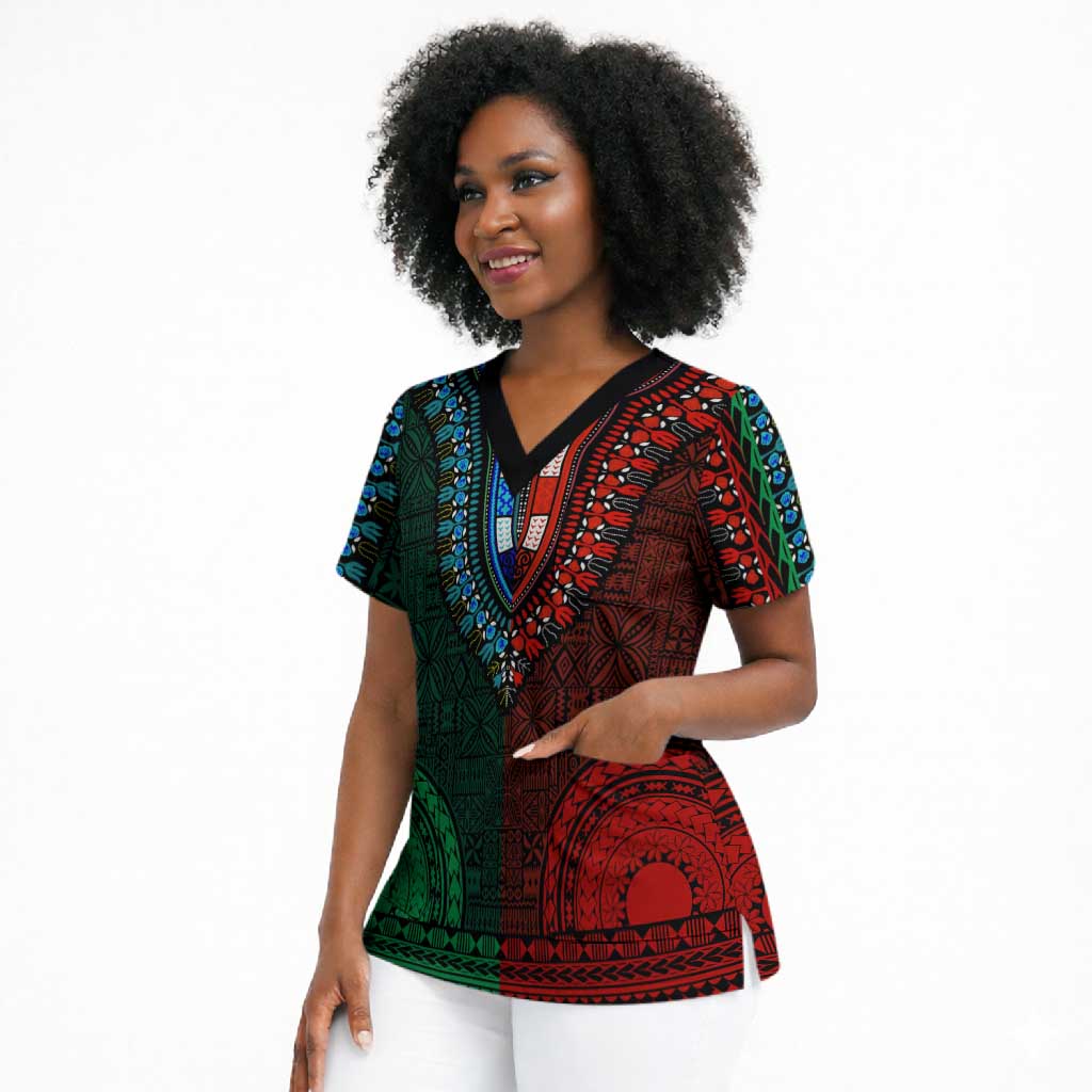 Green-red Dashiki and Tapa Pattern Scrub Top Africa-Polynesia Together Culture