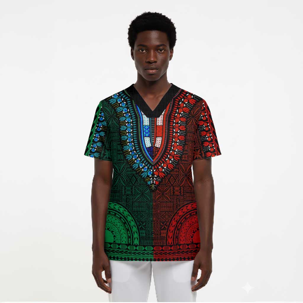 Green-red Dashiki and Tapa Pattern Scrub Top Africa-Polynesia Together Culture