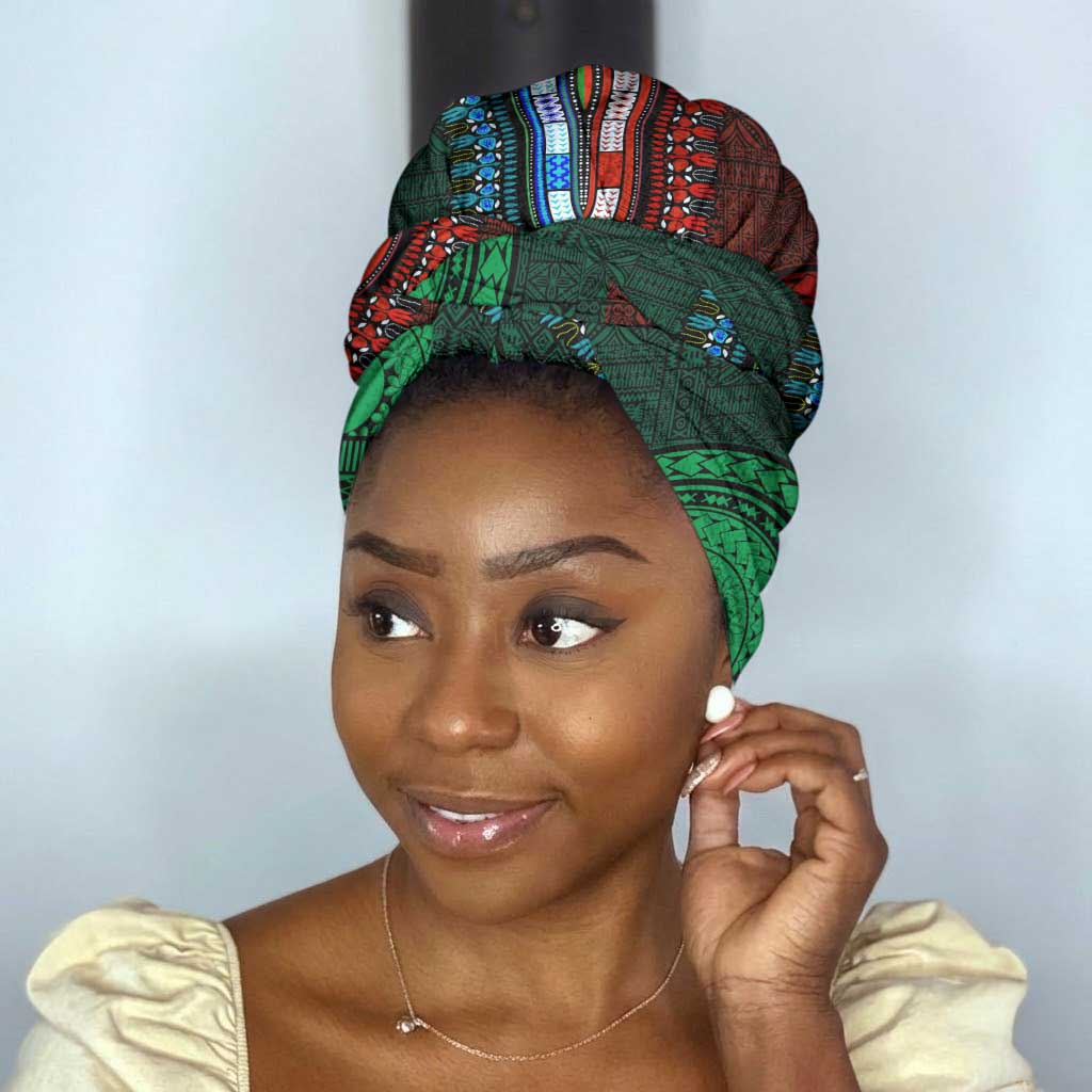 Green-red Dashiki and Tapa Pattern Simple Headwrap Africa and Polynesia Together Culture