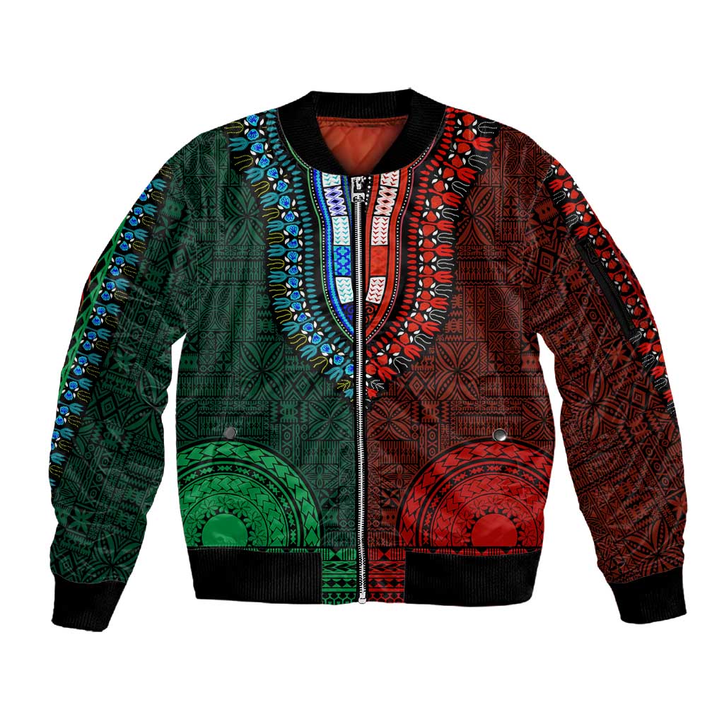 Green-red Dashiki and Tapa Pattern Sleeve Zip Bomber Jacket Africa-Polynesia Together Culture