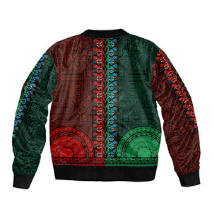 Green-red Dashiki and Tapa Pattern Sleeve Zip Bomber Jacket Africa-Polynesia Together Culture