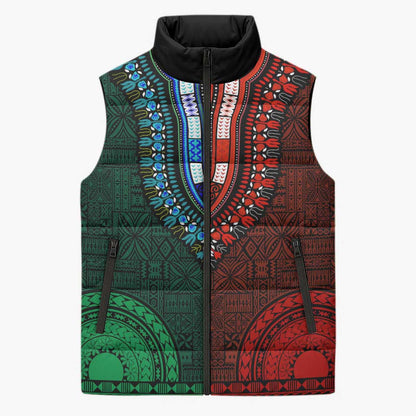 Green-red Dashiki and Tapa Pattern Sleeveless Puffer Jacket Africa-Polynesia Together Culture