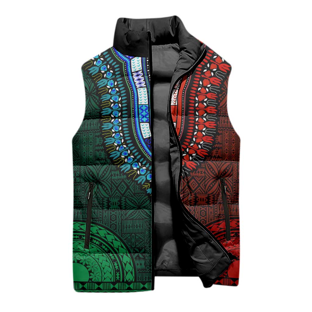 Green-red Dashiki and Tapa Pattern Sleeveless Puffer Jacket Africa-Polynesia Together Culture