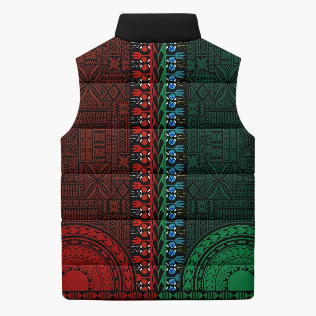Green-red Dashiki and Tapa Pattern Sleeveless Puffer Jacket Africa-Polynesia Together Culture