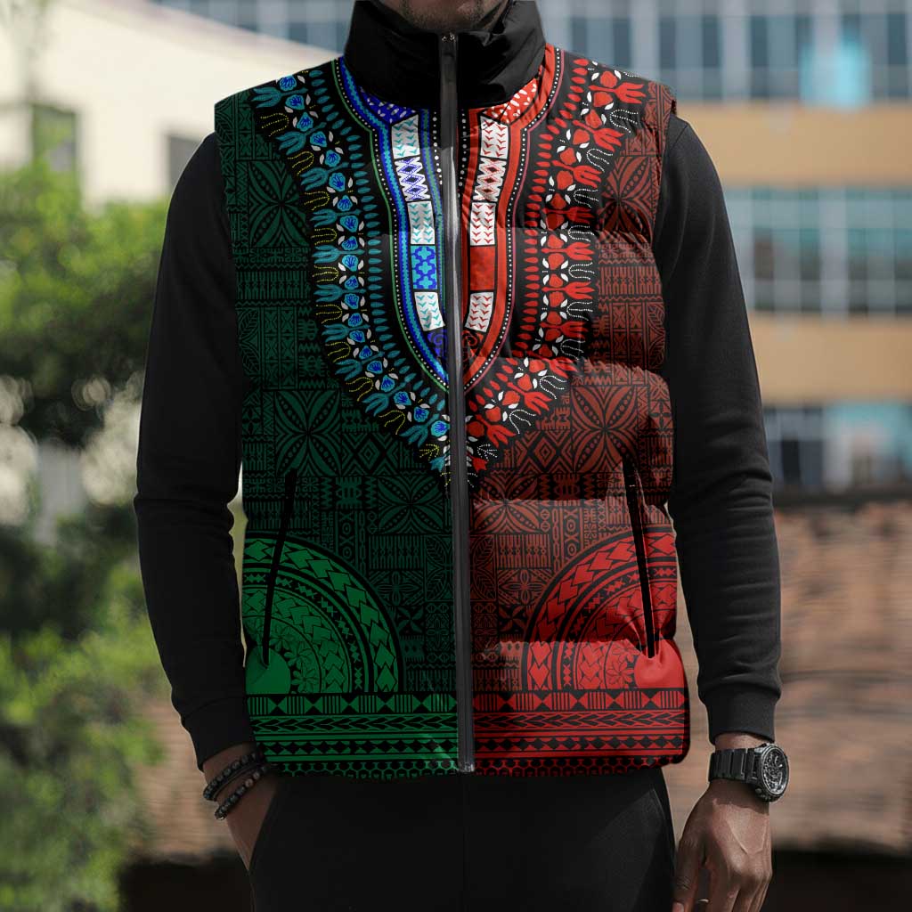 Green-red Dashiki and Tapa Pattern Sleeveless Puffer Jacket Africa-Polynesia Together Culture
