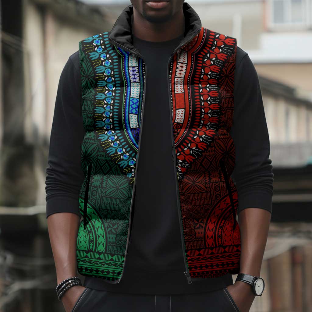 Green-red Dashiki and Tapa Pattern Sleeveless Puffer Jacket Africa-Polynesia Together Culture