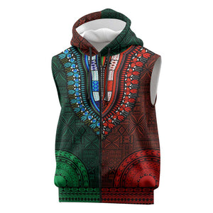 Green-red Dashiki and Tapa Pattern Sleeveless Zip Hoodie Africa-Polynesia Together Culture - African Pride