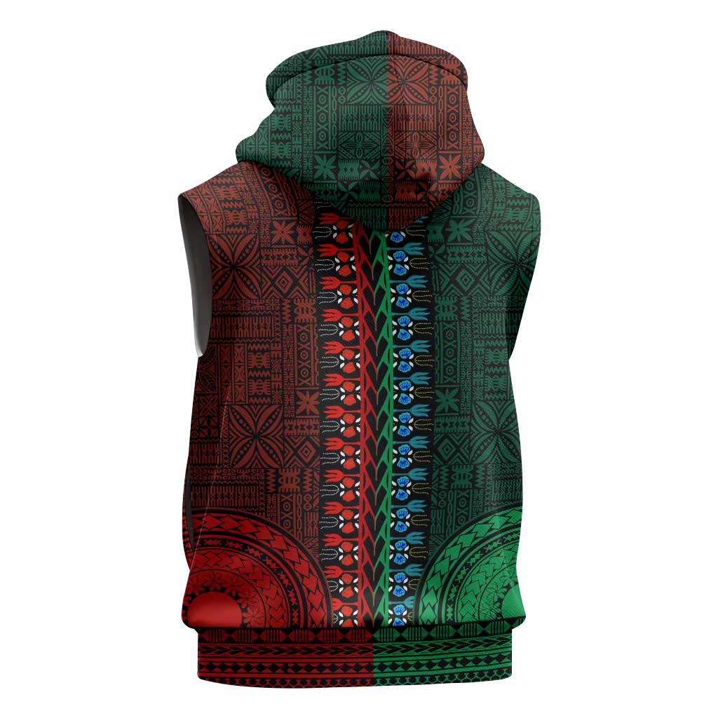 Green-red Dashiki and Tapa Pattern Sleeveless Zip Hoodie Africa-Polynesia Together Culture - African Pride