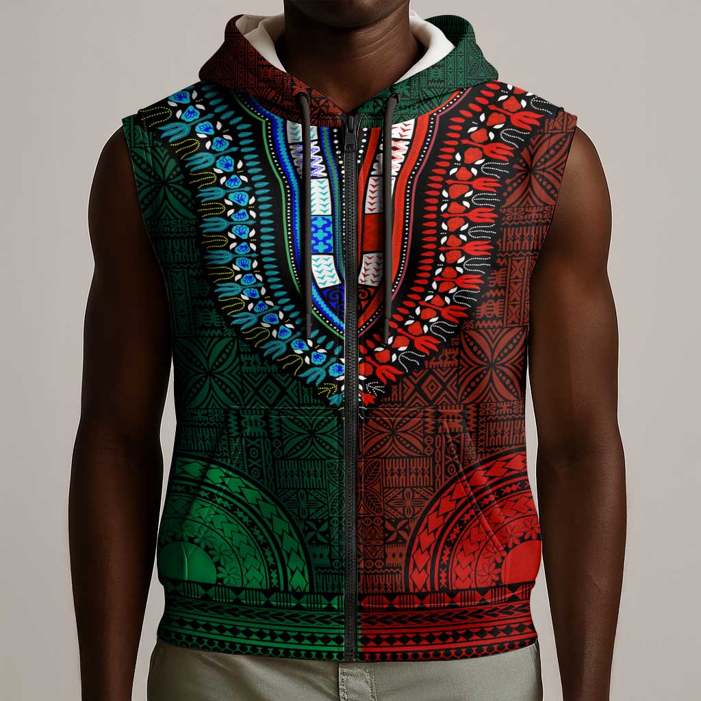 Green-red Dashiki and Tapa Pattern Sleeveless Zip Hoodie Africa-Polynesia Together Culture - African Pride