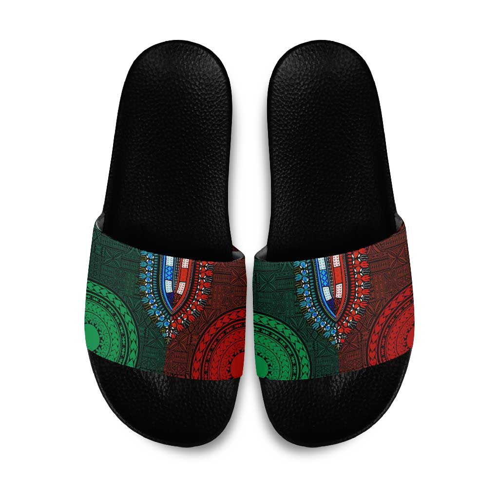 Green-red Dashiki and Tapa Pattern Slide Sandals Africa-Polynesia Together Culture