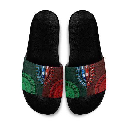 Green-red Dashiki and Tapa Pattern Slide Sandals Africa-Polynesia Together Culture
