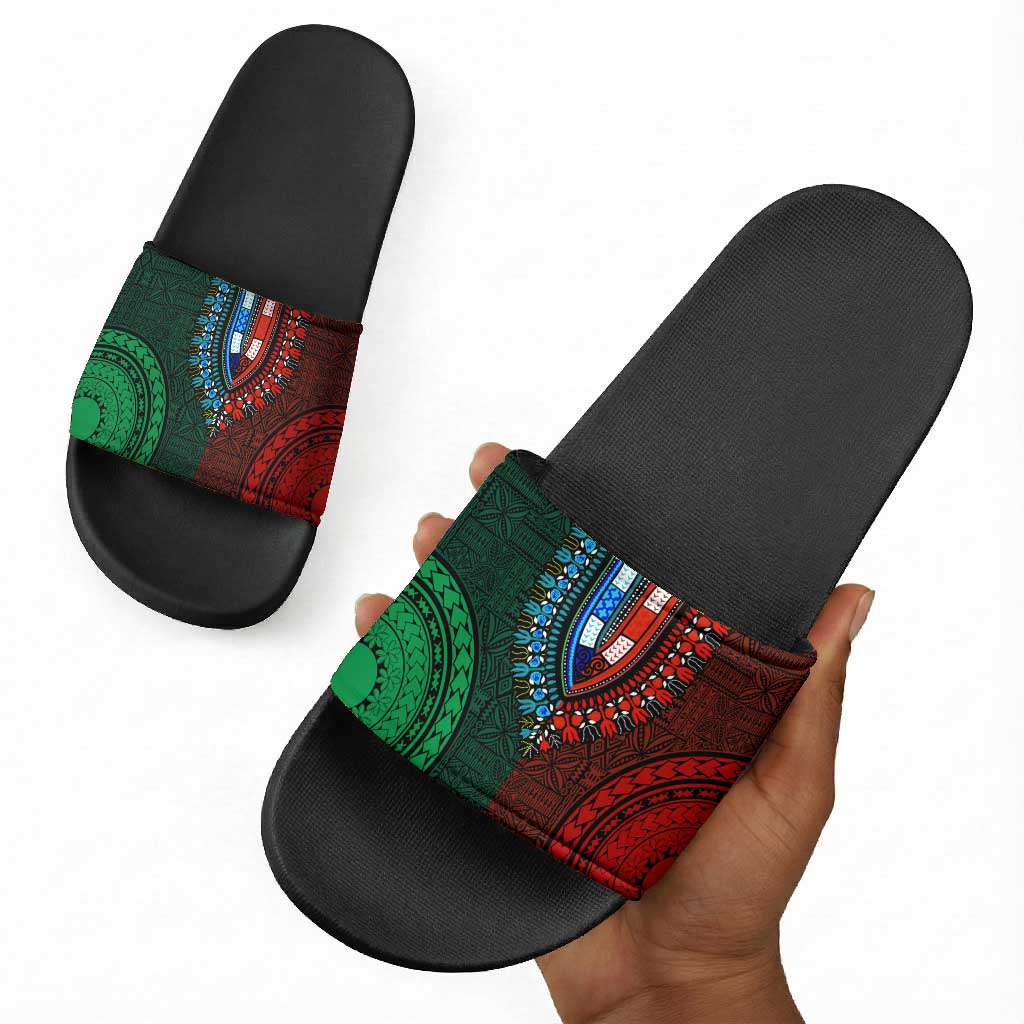Green-red Dashiki and Tapa Pattern Slide Sandals Africa-Polynesia Together Culture