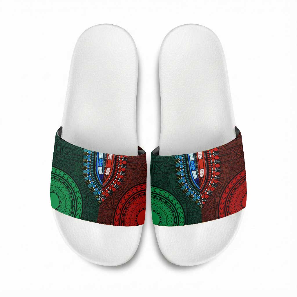 Green-red Dashiki and Tapa Pattern Slide Sandals Africa-Polynesia Together Culture