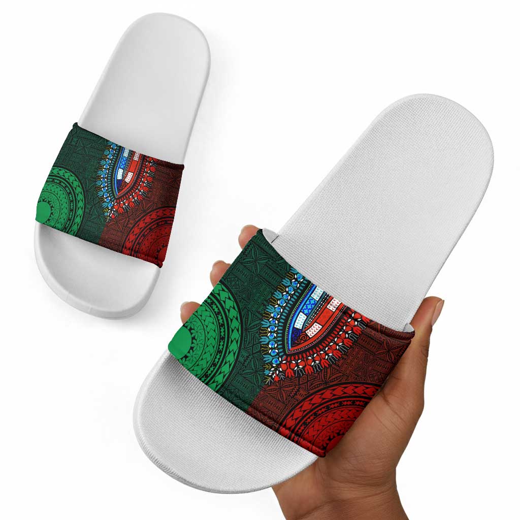 Green-red Dashiki and Tapa Pattern Slide Sandals Africa-Polynesia Together Culture