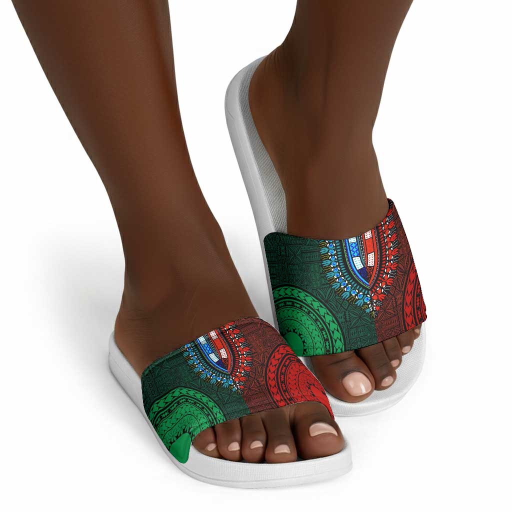 Green-red Dashiki and Tapa Pattern Slide Sandals Africa-Polynesia Together Culture