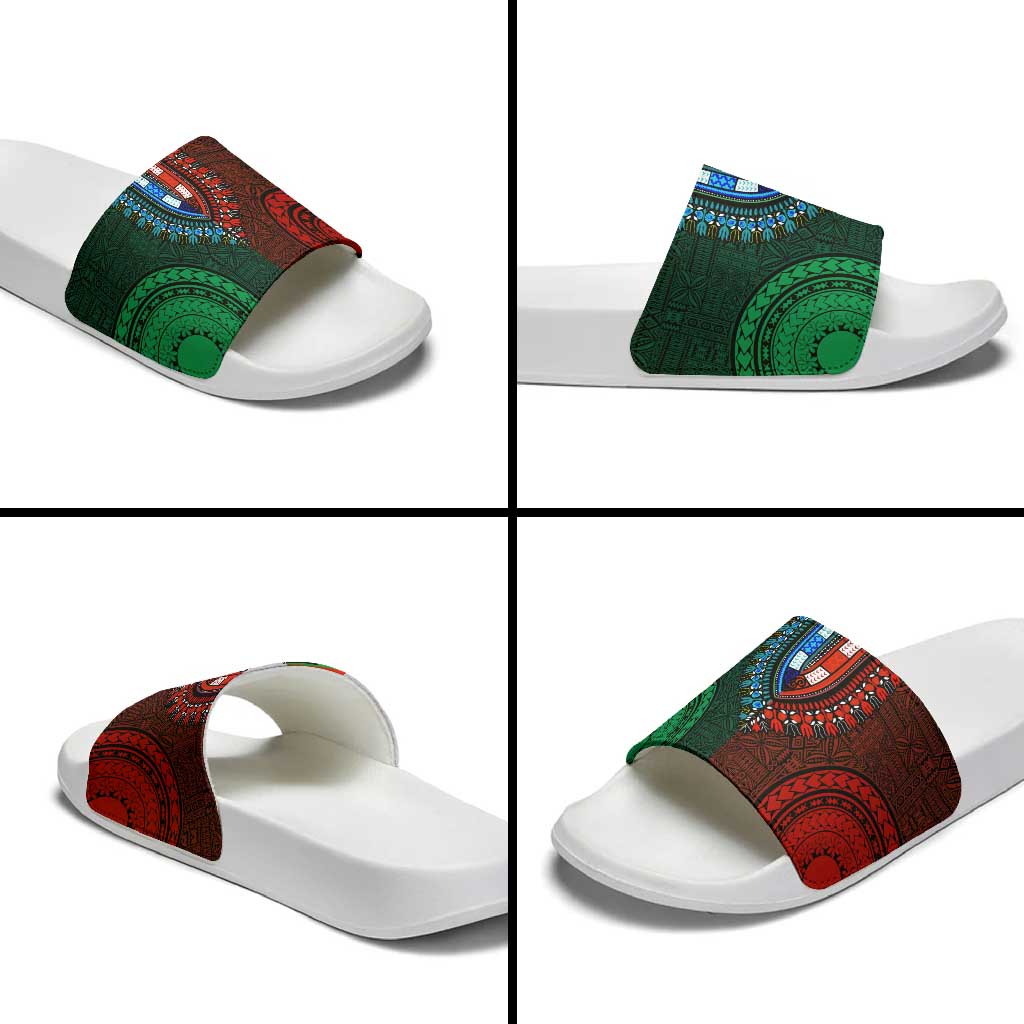 Green-red Dashiki and Tapa Pattern Slide Sandals Africa-Polynesia Together Culture