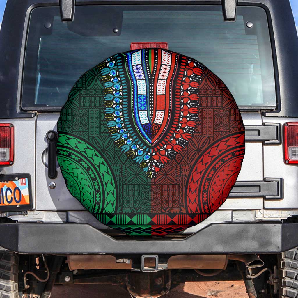 Green-red Dashiki and Tapa Pattern Spare Tire Cover Africa-Polynesia Together Culture