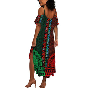 Green-red Dashiki and Tapa Pattern Summer Maxi Dress Africa-Polynesia Together Culture