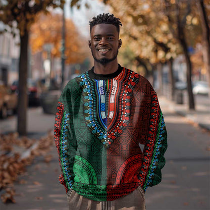 Green-red Dashiki and Tapa Pattern Sweatshirt Africa-Polynesia Together Culture